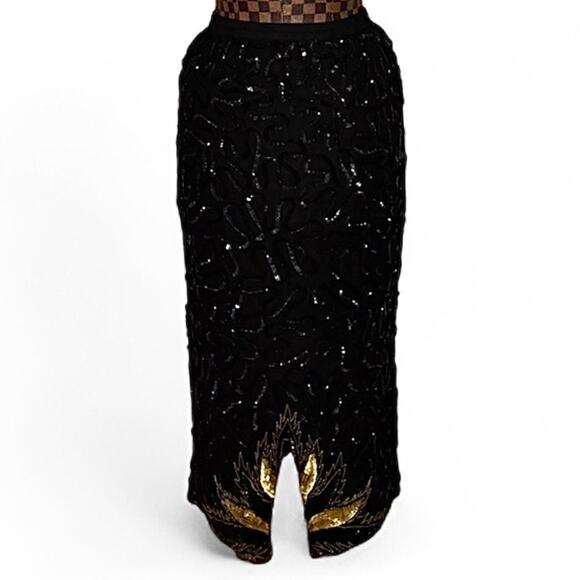 Vintage 80s Black Sequin Gold Leaf Beaded Midi Skirt Glam Cocktail Evening Small - Picture 3 of 11